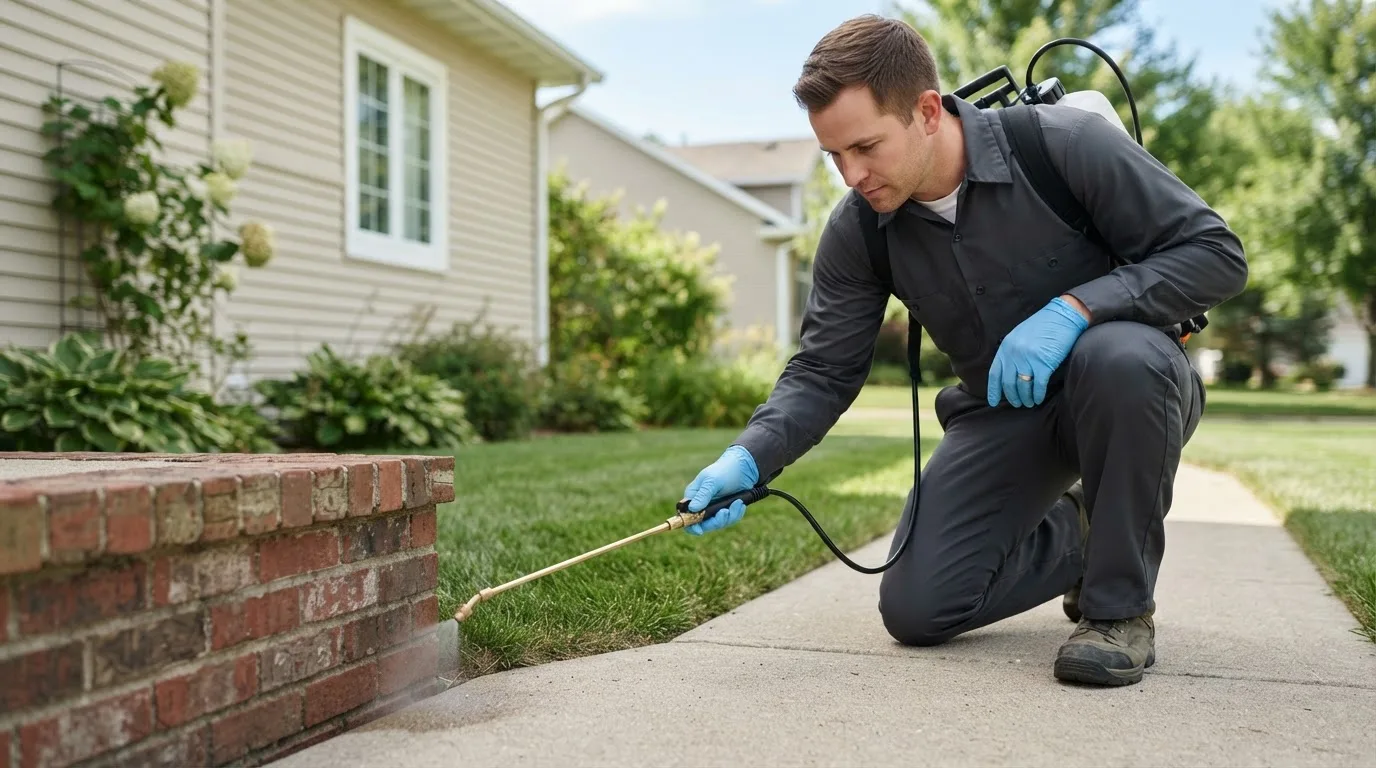 Pest control technician treating a home near Coyanosa, TX